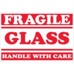 A 2 x 3 rectangular sign with bold red text on a white background reads FRAGILE GLASS at the top center and HANDLE WITH CARE below, perfectly matching the MH-USA labels (500/roll).