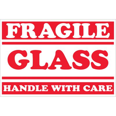 DL1058.jpg A 2 x 3 rectangular sign with bold red text on a white background reads FRAGILE GLASS at the top center and HANDLE WITH CARE below, perfectly matching the MH-USA labels (500/roll).