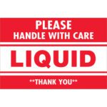 The MH-USA 2 x 3 labels feature bold red PLEASE HANDLE WITH CARE text, with LIQUID in larger font and a courteous THANK YOU. Each roll contains 500 labels designed for ensuring gentle handling.