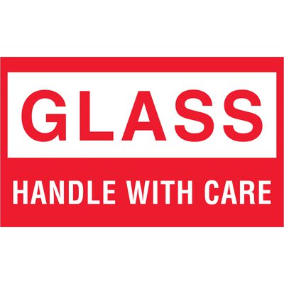 DL1060.jpg A red and white sign reading GLASS in bold, with HANDLE WITH CARE below, matches the MH-USA 3 x 5 - Glass - Handle With Care Labels (500/Roll).