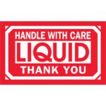 A red and white label with bold text, reading HANDLE WITH CARE, LIQUID, THANK YOU, matches the MH-USA 3 x 5 labels.