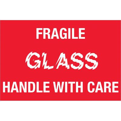DL1066.jpg A red sign with white text states FRAGILE GLASS HANDLE WITH CARE, similar to MH-USAs 2 x 3 Fragile - Glass - Handle With Care labels, available in rolls of 500 for your packaging needs.