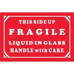 The MH-USA 2 x 3 label, featuring a red design with white text THIS SIDE UP, FRAGILE, LIQUID IN GLASS, HANDLE WITH CARE, is ideal for package labeling and comes in a roll of 500.