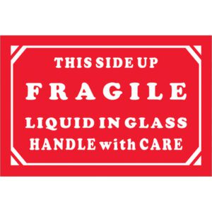 The MH-USA 2 x 3 label, featuring a red design with white text THIS SIDE UP, FRAGILE, LIQUID IN GLASS, HANDLE WITH CARE, is ideal for package labeling and comes in a roll of 500.