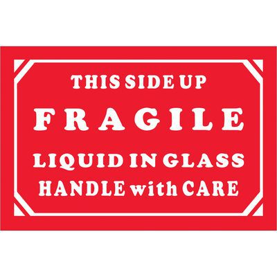 DL1068.jpg The MH-USA 2 x 3 label, featuring a red design with white text THIS SIDE UP, FRAGILE, LIQUID IN GLASS, HANDLE WITH CARE, is ideal for package labeling and comes in a roll of 500.