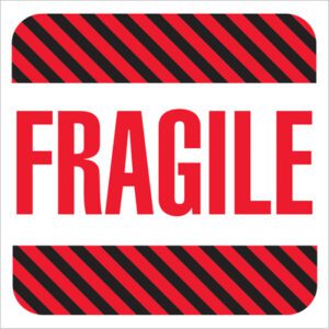 The MH-USA 4 x 4 Fragile labels (500/roll) feature bold red FRAGILE text, framed by striking red and black diagonal stripes on a white background.