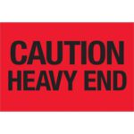 The MH-USA 2 x 3 fluorescent red labels, reading Caution - Heavy End, are sold in rolls of 500 to ensure clear and effective communication.