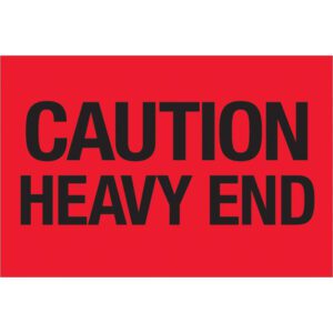 The MH-USA 2 x 3 fluorescent red labels, reading Caution - Heavy End, are sold in rolls of 500 to ensure clear and effective communication.