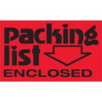 The MH-USA 3 x 5 fluorescent red labels boldly state Packing List Enclosed, featuring a downward-pointing arrow, with each roll containing 500 labels.