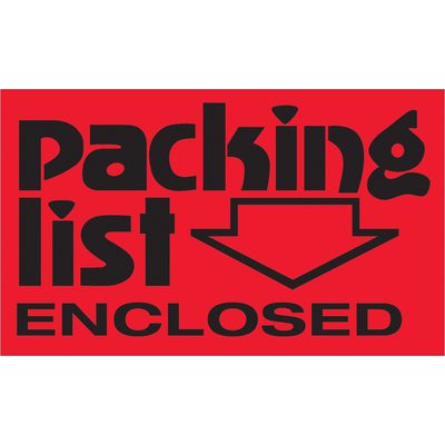 DL1074.jpg The MH-USA 3 x 5 fluorescent red labels boldly state Packing List Enclosed, featuring a downward-pointing arrow, with each roll containing 500 labels.