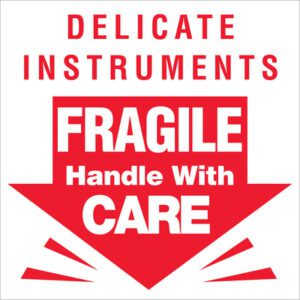 Bold red text on a white background displays MH-USA 3 x 3 - Delicate Instruments - Fragile Labels (500/Roll), emphasizing FRAGILE and CARE in larger font, with an arrow pointing downward to indicate caution.