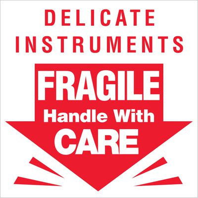 DL1080.jpg Bold red text on a white background displays MH-USA 3 x 3 - Delicate Instruments - Fragile Labels (500/Roll), emphasizing FRAGILE and CARE in larger font, with an arrow pointing downward to indicate caution.