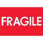 The MH-USA 2 x 3 Fragile high gloss labels feature bold white uppercase text on a red background, come in rolls of 500, and ensure durability and visibility for shipping.