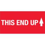 A red rectangular high-gloss sign with white text reads THIS END UP next to an upward arrow, like the MH-USA 2 x 4 labels, available in rolls of 500 for convenient use.