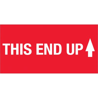 DL1083.jpg A red rectangular high-gloss sign with white text reads THIS END UP next to an upward arrow, like the MH-USA 2 x 4 labels, available in rolls of 500 for convenient use.