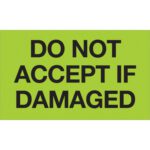 MH-USA 3 x 5 fluorescent green labels with black text read Do Not Accept If Damaged, providing 500 per roll to ensure careful package inspections.