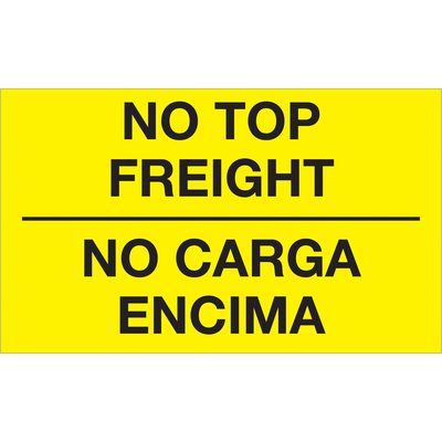 DL1089.jpg The MH-USA 3 x 5 fluorescent yellow labels feature bold black NO TOP FREIGHT above a line and NO CARGA ENCIMA below. These bilingual labels come in rolls of 500, ensuring clear communication for shipments.
