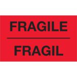 The MH-USA 3 x 5 bilingual labels feature FRAGILE and FRAGIL in bold black text on a fluorescent red background. Ideal for ensuring clarity and caution, they come conveniently in rolls of 500.
