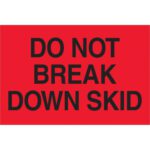 Enhance safety protocols with MH-USA 2 x 3 labels (Fluorescent Red) that prominently display Do Not Break Down Skid in bold black text, ensuring visibility and clarity. Comes in rolls of 500 labels.