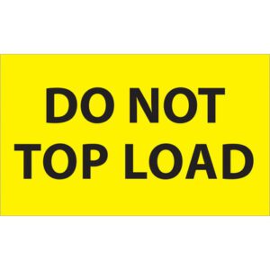 A fluorescent yellow sign displaying DO NOT TOP LOAD resembles the MH-USA 3 x 5 labels in rolls of 500, guaranteeing your message is clear and visible.