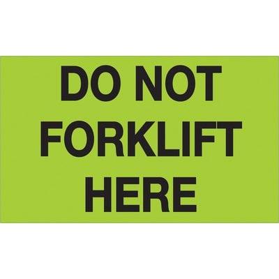 DL1108.jpg The MH-USA 3 x 5 Do Not Forklift Here labels feature a fluorescent green background for visibility, with each roll containing 500 labels to mark restricted areas effectively.