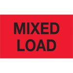 A vivid red rectangular sign with bold black text reading MIXED LOAD resembles the MH-USA 3 x 5 Fluorescent Red Mixed Load Labels, which come in a roll of 500.