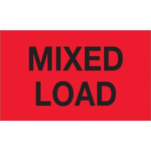 A vivid red rectangular sign with bold black text reading MIXED LOAD resembles the MH-USA 3 x 5 Fluorescent Red Mixed Load Labels, which come in a roll of 500.