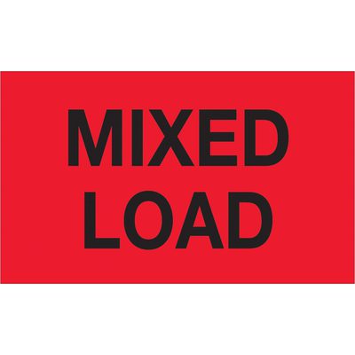 DL1110.jpg A vivid red rectangular sign with bold black text reading MIXED LOAD resembles the MH-USA 3 x 5 Fluorescent Red Mixed Load Labels, which come in a roll of 500.