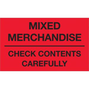 The MH-USA 3 x 5 - Mixed Merchandise - Check Contents Carefully labels in fluorescent red are crucial for reminding to check contents, with 500 labels per roll.