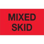 The MH-USA 3 x 5 labels in fluorescent red display the bold black text MIXED SKID, and are available in a roll of 500.