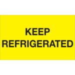 The MH-USA 3 x 5 labels, with bold black text on fluorescent yellow reading KEEP REFRIGERATED, ensure items are marked for freshness and safety. They come in rolls of 500, capturing attention effectively.
