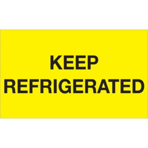 The MH-USA 3 x 5 labels, with bold black text on fluorescent yellow reading KEEP REFRIGERATED, ensure items are marked for freshness and safety. They come in rolls of 500, capturing attention effectively.