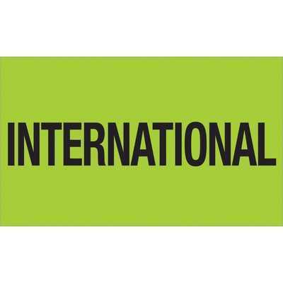 DL1118.jpg The image displays the word INTERNATIONAL in bold, black capitals centered on a vibrant fluorescent green background like the MH-USA 3 x 5 International Labels (Fluorescent Green, 500/Roll).