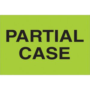A vivid green sign with bold black text PARTIAL CASE brings to mind the MH-USA 2 x 3 Partial Case (Fluorescent Green) labels, sold in rolls of 500.