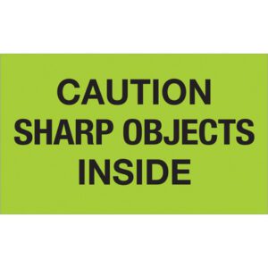 A CAUTION SHARP OBJECTS INSIDE sign is displayed on MH-USA 3 x 5 fluorescent green labels, offered in rolls of 500.