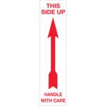 The MH-USA 2 x 8 Up - Handle With Care Arrow Labels feature a red upward arrow with THIS SIDE UP above and HANDLE WITH CARE below. Available in rolls of 500, these vertical white labels ensure proper handling of your packages.