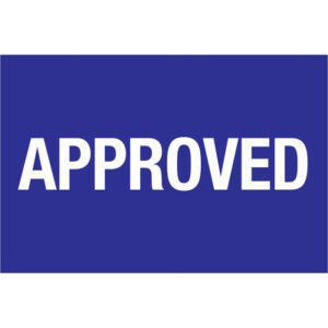 The image shows APPROVED in bold white letters on a solid blue background, similar to the MH-USA 2 x 3 - Approved Labels that come in a roll of 500.
