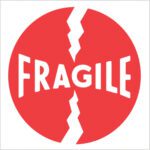 A red circle with FRAGILE in bold white letters features a jagged line for a cracked look, ideal for MH-USA 4 x 4 - Fragile Labels (500/Roll).