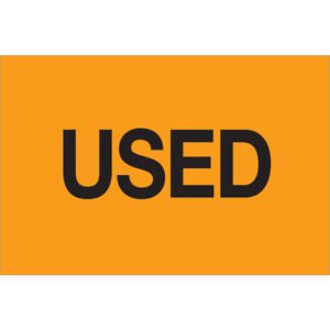 A fluorescent orange sign that says USED in bold black letters resembles the MH-USA 2 x 3 - Used (Fluorescent Orange) Labels available in rolls of 500.