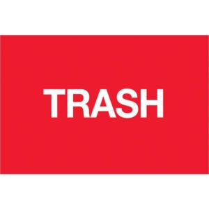 A bold fluorescent red rectangle features the word TRASH in white capital letters at its center on MH-USA 2 x 3 Trash labels, available in a roll of 500.