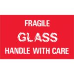 A red sign with white text stating FRAGILE GLASS HANDLE WITH CARE, resembling the MH-USA 3 x 5 Fragile - Glass - Handle With Care labels sold in rolls of 500.