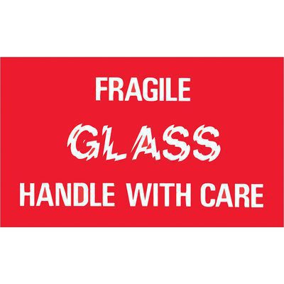 DL1150.jpg A red sign with white text stating FRAGILE GLASS HANDLE WITH CARE, resembling the MH-USA 3 x 5 Fragile - Glass - Handle With Care labels sold in rolls of 500.
