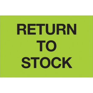 A vibrant green sign with bold black text, RETURN TO STOCK, mirrors the MH-USA 2 x 3 fluorescent green labels (500/roll) named Return To Stock.