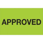 The image showcases the word APPROVED in bold black letters, centered on a vibrant fluorescent green background similar to MH-USA 1 1/4 x 2 - Approved (Fluorescent Green) Labels that come in rolls of 500.