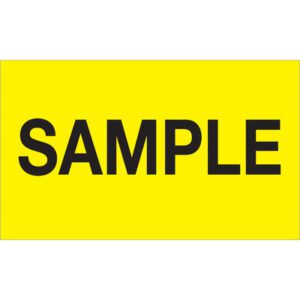 A fluorescent yellow rectangle with SAMPLE in bold black letters at the center resembles MH-USA 3 x 5 - Sample (Fluorescent Yellow) Labels (500/Roll), adding a vibrant touch.