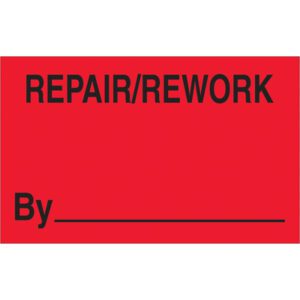 The MH-USA 1 1/4 x 2 fluorescent red labels read REPAIR/REWORK in bold black at the top, with a By line below. Sold in rolls of 500, they provide ample supply for all your repair or rework needs.