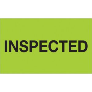 A fluorescent green sign with bold black capital INSPECTED letters resembles the MH-USA 3 x 5 Inspected labels that come in rolls of 500.