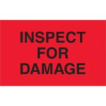 The MH-USA 1 1/4 x 2 Inspect For Damage Fluorescent Red Labels ensure visibility and efficiency, featuring bold black text on a red background. Each roll contains 500 labels for consistent safety checks.