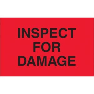 The MH-USA 1 1/4 x 2 Inspect For Damage Fluorescent Red Labels ensure visibility and efficiency, featuring bold black text on a red background. Each roll contains 500 labels for consistent safety checks.
