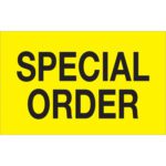 A bold black SPECIAL ORDER message on fluorescent yellow resembles MH-USA 1 1/4 x 2 labels, available in rolls of 500, ideal for making important orders unmissable.